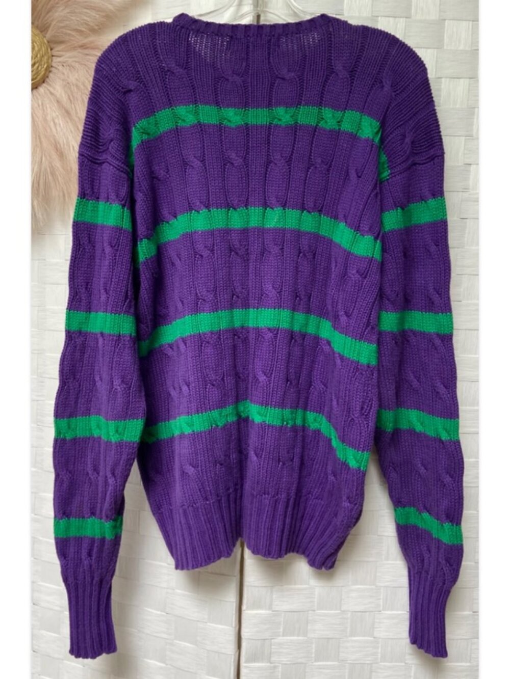 Men's Ralph Lauren Purple Green Stripe 100% Cotton Sweater Size M - Picture 3 of 3